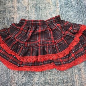 Red and Black Plaid Skirt with Lace Trim